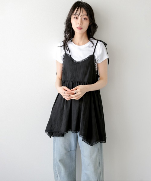 La-gemme(ラジェム)の「レース×リボンキャミソールチュニック(シャツ/ブラウス・レディース・ホワイト/ブラック・フリー)」の5枚目の写真