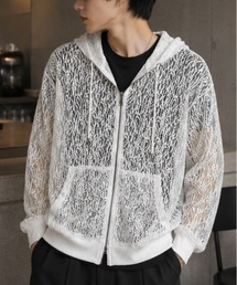 Mesh-Look Sheer Double-Zip Hoodie / レースシアーダブルジップパーカー フーディー ユニセックス メンズ レディース レース メッシュトップス 通気性