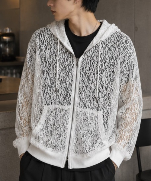 ANPAS(アンパス)の「Mesh-Look Sheer Double-Zip Hoodie / レースシアーダブルジップパーカー フーディー ユニセックス メンズ レディース レース メッシュトップス 通気性(パーカー・メンズ・ブラック系1/ホワイト系2/ホワイト系1/ブラック系2・L/M)」の2枚目の写真