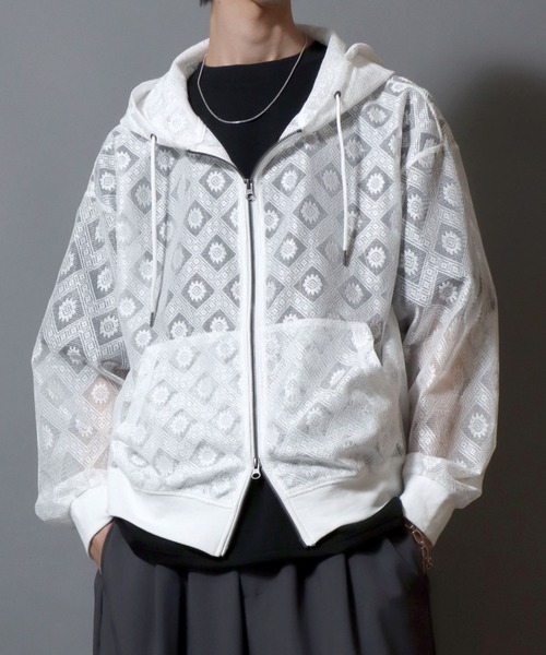 ANPAS(アンパス)の「Mesh-Look Sheer Double-Zip Hoodie / レースシアーダブルジップパーカー フーディー ユニセックス メンズ レディース レース メッシュトップス 通気性(パーカー・メンズ・ブラック系1/ホワイト系2/ホワイト系1/ブラック系2・L/M)」の3枚目の写真
