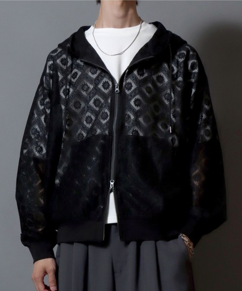 セール】Mesh-Look Sheer Double-Zip Hoodie / レースシアーダブル