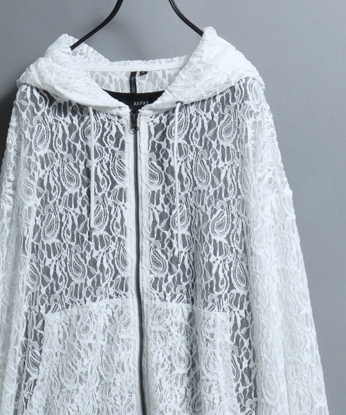 ANPAS(アンパス)の「Mesh-Look Sheer Double-Zip Hoodie / レースシアーダブルジップパーカー フーディー ユニセックス メンズ レディース レース メッシュトップス 通気性(パーカー・メンズ・ブラック系1/ホワイト系2/ホワイト系1/ブラック系2・L/M)」の6枚目の写真