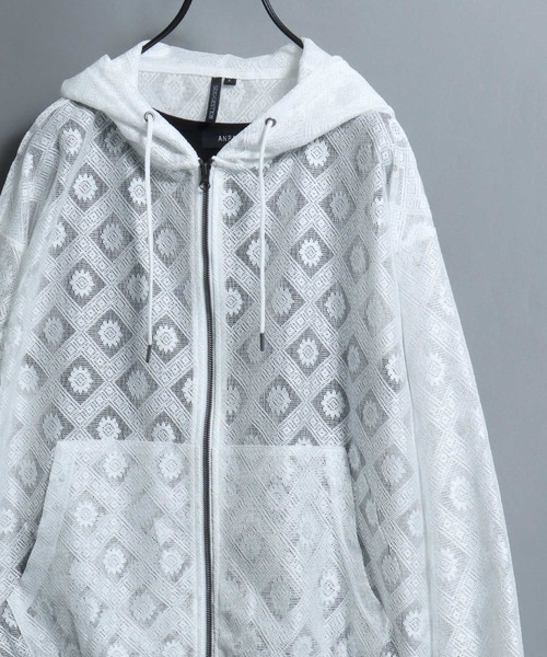 ANPAS(アンパス)の「Mesh-Look Sheer Double-Zip Hoodie / レースシアーダブルジップパーカー フーディー ユニセックス メンズ レディース レース メッシュトップス 通気性(パーカー・メンズ・ブラック系1/ホワイト系2/ホワイト系1/ブラック系2・L/M)」の12枚目の写真