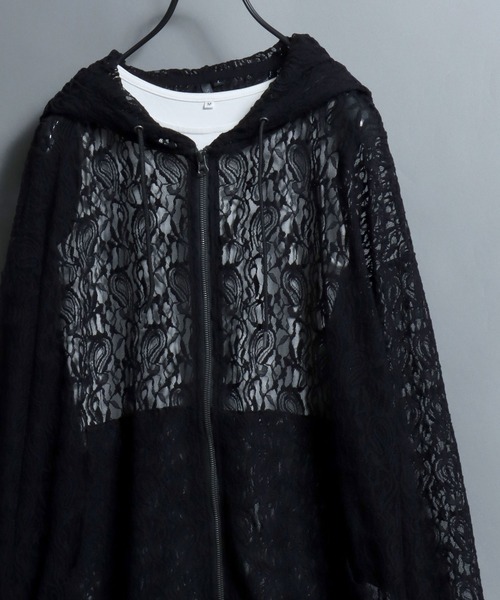 ANPAS(アンパス)の「Mesh-Look Sheer Double-Zip Hoodie / レースシアーダブルジップパーカー フーディー ユニセックス メンズ レディース レース メッシュトップス 通気性(パーカー・メンズ・ブラック系1/ホワイト系2/ホワイト系1/ブラック系2・L/M)」の22枚目の写真