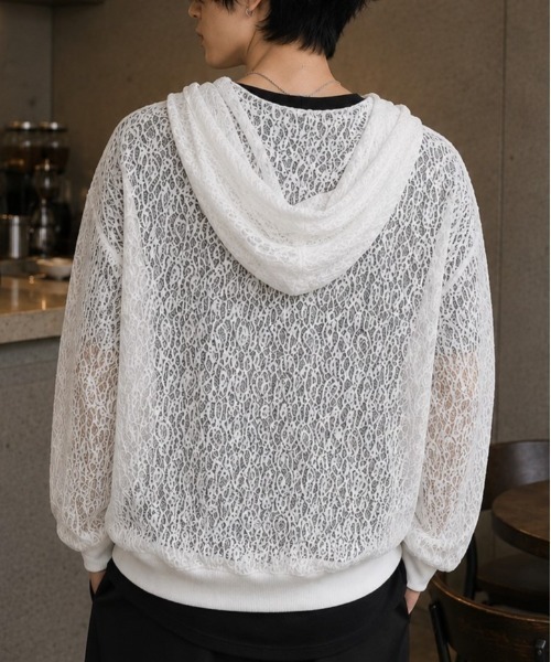 ANPAS(アンパス)の「Mesh-Look Sheer Double-Zip Hoodie / レースシアーダブルジップパーカー フーディー ユニセックス メンズ レディース レース メッシュトップス 通気性(パーカー・メンズ・ブラック系1/ホワイト系2/ホワイト系1/ブラック系2・L/M)」の11枚目の写真
