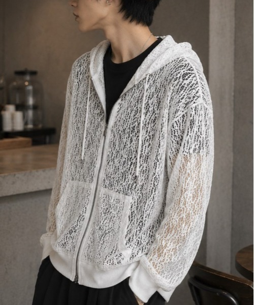 ANPAS(アンパス)の「Mesh-Look Sheer Double-Zip Hoodie / レースシアーダブルジップパーカー フーディー ユニセックス メンズ レディース レース メッシュトップス 通気性(パーカー・メンズ・ブラック系1/ホワイト系2/ホワイト系1/ブラック系2・L/M)」の10枚目の写真
