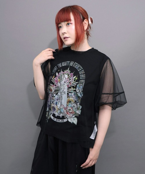 iS ScoLar（イズスカラー）の「562266：チュール＆彫像柄タンク SETトップス（Tシャツ/カットソー・レディース・ブラック/オフホワイト・M）」の3枚目の写真