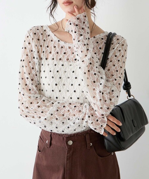 forksy.(フォルクシー)の「【forksy.】レースシアー シャーリングロンT / 花柄・ドット(Tシャツ/カットソー・レディース・ブラック系/グレー系/ブラック系1/グレー系1/ホワイト系1/ホワイト系・FREE)」の11枚目の写真