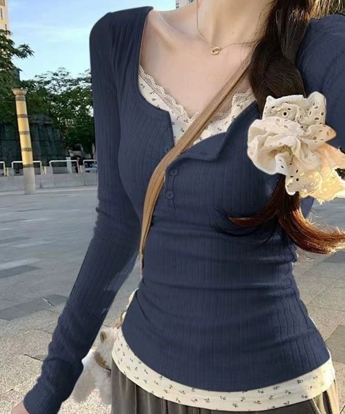 SEU(エスイーユー)の「長袖Tシャツ 花柄キャミレイヤード風 ヘンリーネック フィット感 【オフィスカジュアル】【きれいめカジュアル】 レディース韓国風 春服 秋服 冬服(Tシャツ/カットソー・レディース・ネイビー/アイボリー・フリー)」の9枚目の写真