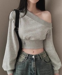 ワンショルダー 刺繍ロゴクロップドスウェット