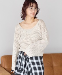 【gossara ヘルシーに着こなす】キャミ付き深V透かし編みニット