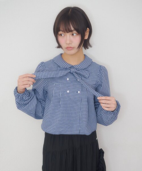 DISCOAT(ディスコート)の「【umm.】ボウタイ付丸衿ナポレオンブラウス《WEB限定》(シャツ/ブラウス・レディース・ネイビー/オフホワイト/ブラウン・FREE)」の20枚目の写真