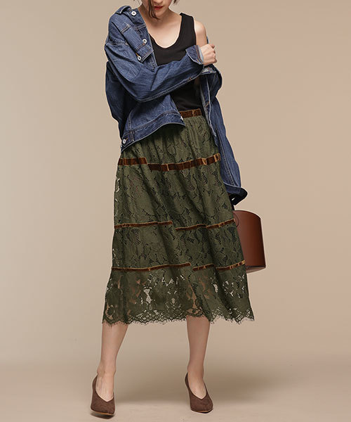 NANO universe(ナノユニバース)の「ベルベット切替レーススカート(スカート・レディース・ネイビー/カーキ・38/36)」の1枚目の写真