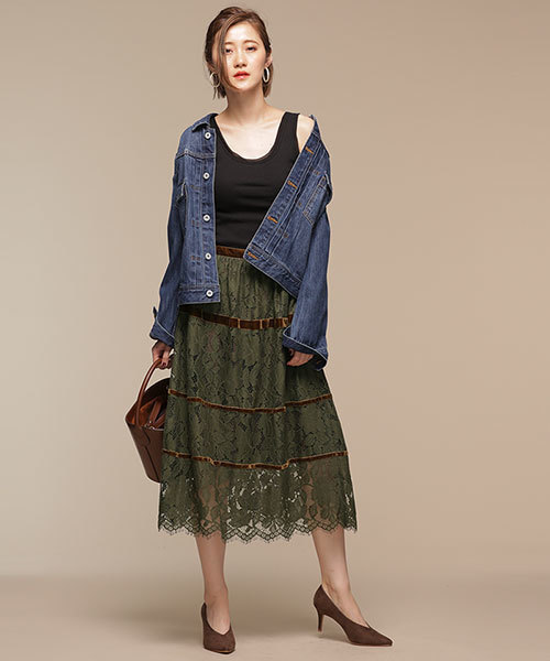 NANO universe(ナノユニバース)の「ベルベット切替レーススカート(スカート・レディース・ネイビー/カーキ・38/36)」の4枚目の写真