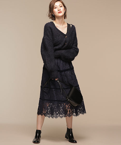 NANO universe(ナノユニバース)の「ベルベット切替レーススカート(スカート・レディース・ネイビー/カーキ・38/36)」の6枚目の写真