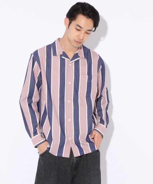 niko and...（ニコアンド）の「Nワイドストライプオープンカラーシャツ【niko and ...】（シャツ/ブラウス・メンズ・グリーン/ピンク・MEDIUM/LARGE）」の2枚目の写真