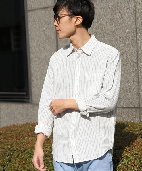 coen(コーエン)の「綿麻ストライプレギュラーカラーシャツ(シャツ/ブラウス・メンズ・ホワイト/ネイビー・X-LARGE/SMALL/MEDIUM/LARGE)」の6枚目の写真