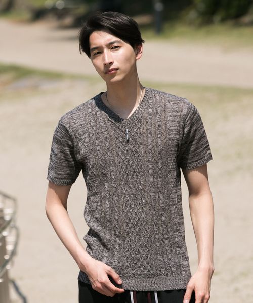 TopIsm(トップイズム)の「綿麻リネン Vネックフィッシャーマンニット セーター(ニット/セーター・メンズ・ホワイト/ネイビー/ブルー/グレー系その他/レッド系その他/ベージュ/ブラック系その他/ブルー系その他/ブラック・M/L/LL)」の1枚目の写真