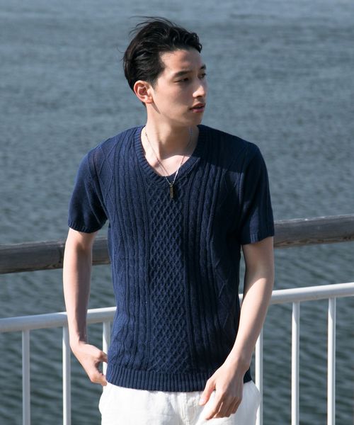 TopIsm(トップイズム)の「綿麻リネン Vネックフィッシャーマンニット セーター(ニット/セーター・メンズ・ホワイト/ネイビー/ブルー/グレー系その他/レッド系その他/ベージュ/ブラック系その他/ブルー系その他/ブラック・M/L/LL)」の6枚目の写真