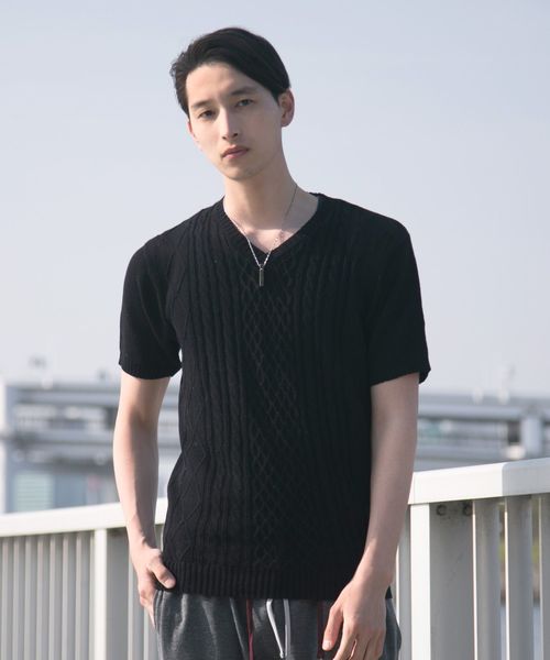 TopIsm(トップイズム)の「綿麻リネン Vネックフィッシャーマンニット セーター(ニット/セーター・メンズ・ホワイト/ネイビー/ブルー/グレー系その他/レッド系その他/ベージュ/ブラック系その他/ブルー系その他/ブラック・M/L/LL)」の3枚目の写真