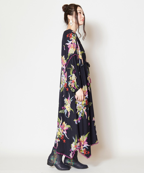 チャイハネ（チャイハネ）の「【チャイハネ】ボタニカルフラワーワンピース（ワンピース・レディース・ブラック/オレンジ/ターコイズブルー・FREE）」の10枚目の写真