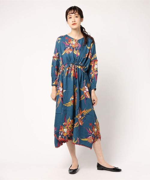 チャイハネ（チャイハネ）の「【チャイハネ】ボタニカルフラワーワンピース（ワンピース・レディース・ブラック/オレンジ/ターコイズブルー・FREE）」の7枚目の写真