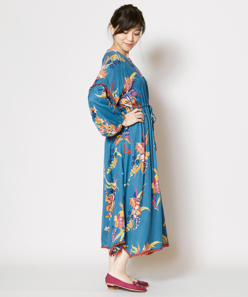 チャイハネ（チャイハネ）の「【チャイハネ】ボタニカルフラワーワンピース（ワンピース・レディース・ブラック/オレンジ/ターコイズブルー・FREE）」の9枚目の写真