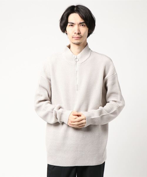 kutir（クティール）の「ワッフルニットハーフジップビッグトップス（ニット/セーター・メンズ・ホワイト/ブラック/ダークブラウン/ベージュ・MEDIUM/LARGE）」の2枚目の写真