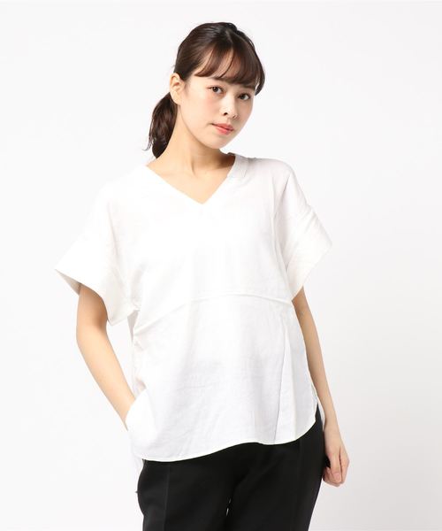 AMERICAN HOLIC(アメリカンホリック)の「麻混両Vネックブラウス *(シャツ/ブラウス・レディース・ネイビー/オフホワイト/ストライプ/チェック・M/L)」の7枚目の写真