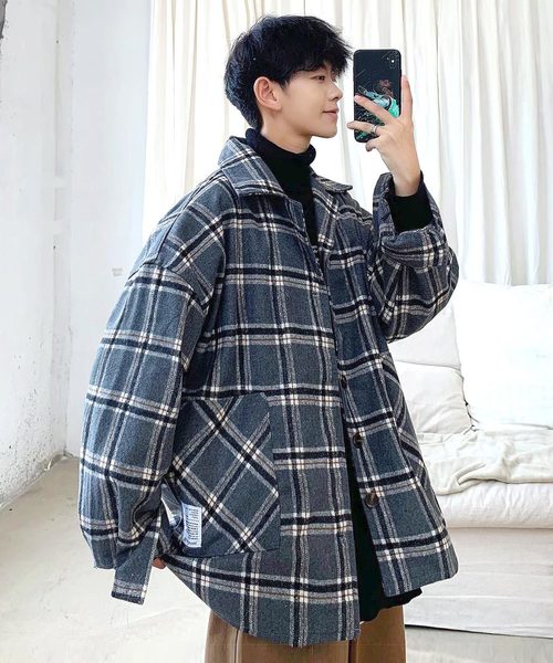 neos(ネオス)の「【neos -sellect design-】ビッグシルエット タータンチェック オープンカラー バルーンスリーブ ウール シャツ ジャケット(カバーオール)」|グレー