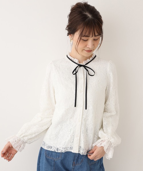 one after another NICE CLAUP（ワンアフターアナザーナイスクラップ）の「総レースボウタイブラウス（シャツ/ブラウス・レディース・アイボリー/オフホワイト/カーキ・FREE）」の5枚目の写真