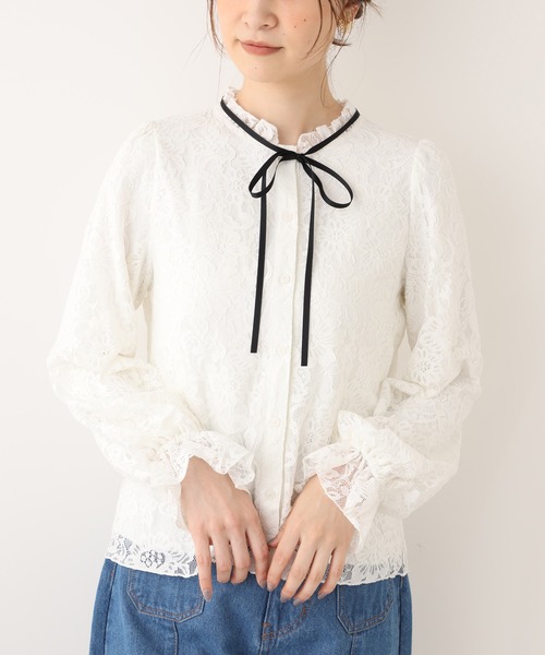 one after another NICE CLAUP（ワンアフターアナザーナイスクラップ）の「総レースボウタイブラウス（シャツ/ブラウス・レディース・アイボリー/オフホワイト/カーキ・FREE）」の14枚目の写真