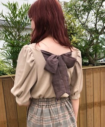 one after another NICE CLAUP | バックリボン袖ボリュームテレコトップス(Tシャツ/カットソー)