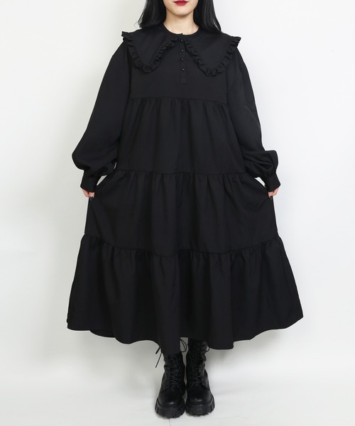 WC（ダブル シー）の「WC/ビックカラーティアードロングスリーブワンピース（ワンピース・レディース・ブラック/ブラック系その他/ベージュ系その他・FREE）」の4枚目の写真