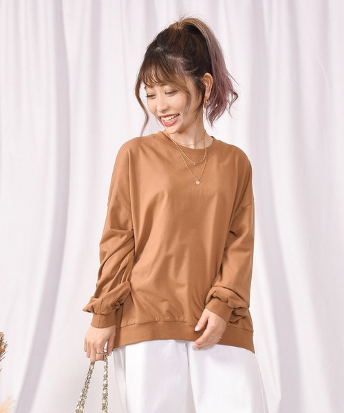 LEAD(リード)の「綿コットン100%シンプル長袖カットソートップス TOPS(Tシャツ/カットソー・レディース・ブラック/ネイビー/オフホワイト/カーキ/キャメル/ライトアッシュグレー・FREE)」の6枚目の写真