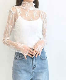 シースルーハイネックレーストップス