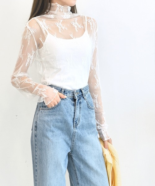me+em select(ミームセレクト)の「シースルーハイネックレーストップス(Tシャツ/カットソー・レディース・ブラウン/アイボリー/スカイブルー/クリーム/ベージュ/ブラック/ネイビー/カーキ/ピンク・FREE)」の12枚目の写真