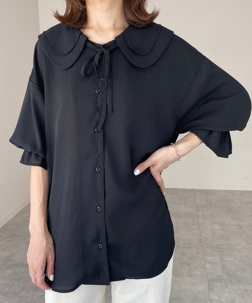 She's Closet(シーズクローゼット)の「ビッグカラーセーラーカラー5部袖シフォンリボンブラウス(シャツ/ブラウス・レディース・ブラック/ホワイト・FREE)」の2枚目の写真