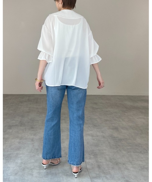She's Closet(シーズクローゼット)の「ビッグカラーセーラーカラー5部袖シフォンリボンブラウス(シャツ/ブラウス・レディース・ブラック/ホワイト・FREE)」の4枚目の写真