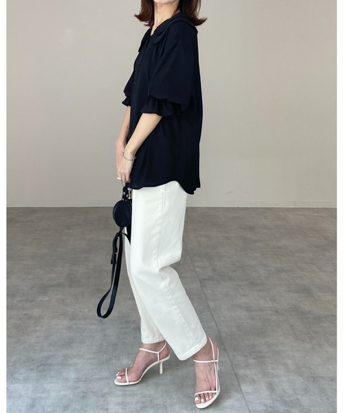 She's Closet(シーズクローゼット)の「ビッグカラーセーラーカラー5部袖シフォンリボンブラウス(シャツ/ブラウス・レディース・ブラック/ホワイト・FREE)」の7枚目の写真