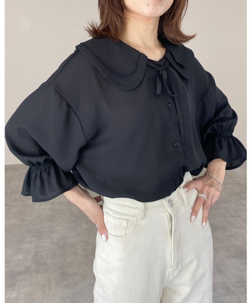 She's Closet(シーズクローゼット)の「ビッグカラーセーラーカラー5部袖シフォンリボンブラウス(シャツ/ブラウス・レディース・ブラック/ホワイト・FREE)」の10枚目の写真