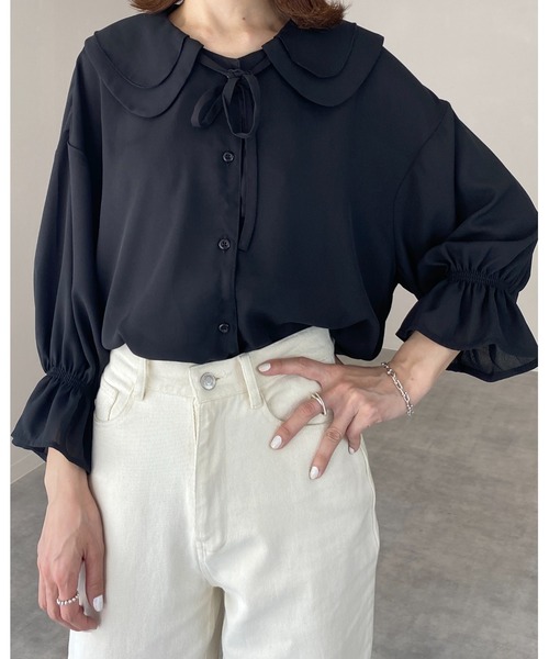 She's Closet(シーズクローゼット)の「ビッグカラーセーラーカラー5部袖シフォンリボンブラウス(シャツ/ブラウス・レディース・ブラック/ホワイト・FREE)」の11枚目の写真