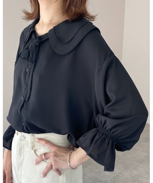 She's Closet(シーズクローゼット)の「ビッグカラーセーラーカラー5部袖シフォンリボンブラウス(シャツ/ブラウス・レディース・ブラック/ホワイト・FREE)」の15枚目の写真
