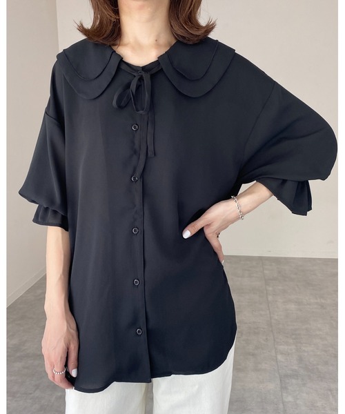 She's Closet(シーズクローゼット)の「ビッグカラーセーラーカラー5部袖シフォンリボンブラウス(シャツ/ブラウス・レディース・ブラック/ホワイト・FREE)」の19枚目の写真