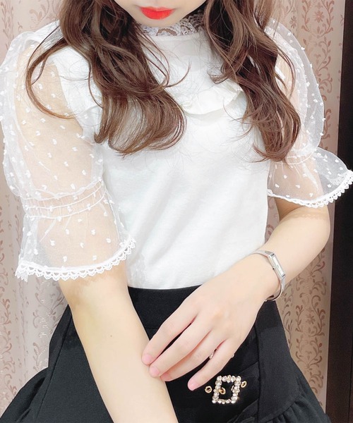 tシャツ ドットシアーパフスリーブカットソー レディース シアードットブラウス キャミソール付き ドット シアー ドット