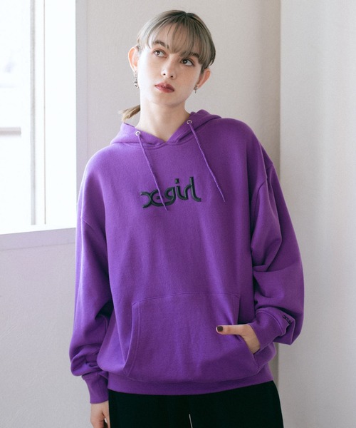 X-girl（エックスガール）の「THICK RUBBER MILLS LOGO SWEAT HOODIE（パーカー・レディース・ライトブルー/ブラック/ベージュ/パープル・S/M/L/XL）」の4枚目の写真