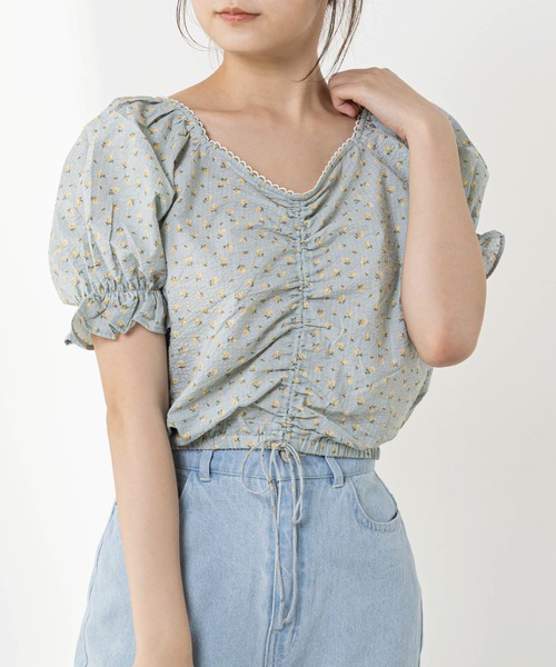 OLIVE des OLIVE（オリーブデオリーブ）の「多幸感クロップド胸くしゅブラウス（シャツ/ブラウス・レディース・ブラウン/オフホワイト/サックスブルー・FREE）」の3枚目の写真