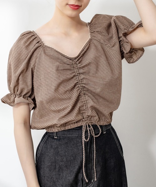 OLIVE des OLIVE（オリーブデオリーブ）の「多幸感クロップド胸くしゅブラウス（シャツ/ブラウス・レディース・ブラウン/オフホワイト/サックスブルー・FREE）」の4枚目の写真