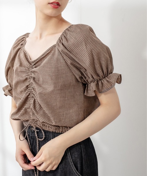 OLIVE des OLIVE（オリーブデオリーブ）の「多幸感クロップド胸くしゅブラウス（シャツ/ブラウス・レディース・ブラウン/オフホワイト/サックスブルー・FREE）」の5枚目の写真