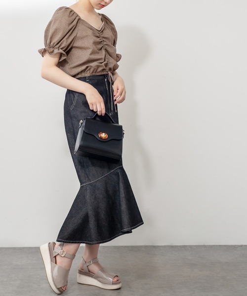 OLIVE des OLIVE（オリーブデオリーブ）の「多幸感クロップド胸くしゅブラウス（シャツ/ブラウス・レディース・ブラウン/オフホワイト/サックスブルー・FREE）」の8枚目の写真